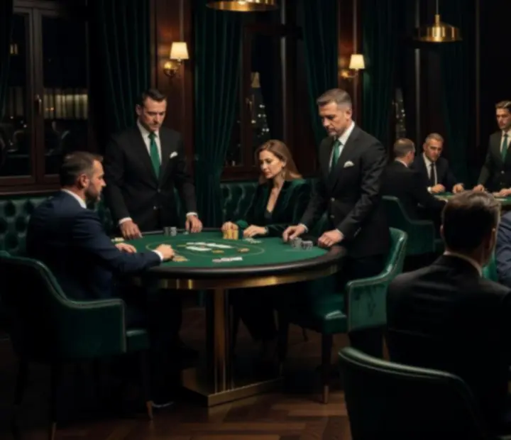 Hangulatos, félhomályos Calveeron poker lounge, felelős játékszabályokat bemutató asztali kártyalapokkal