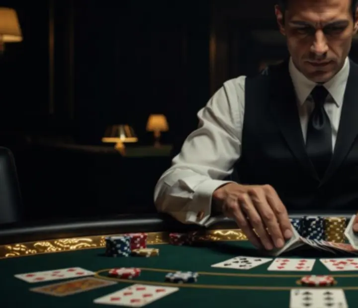 Professzionális krupié kártyát oszt egy Calveeron poker asztalon
