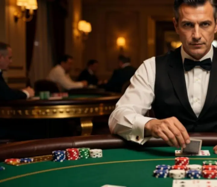 Professzionális krupié egy offline poker asztal mellett Budapesten