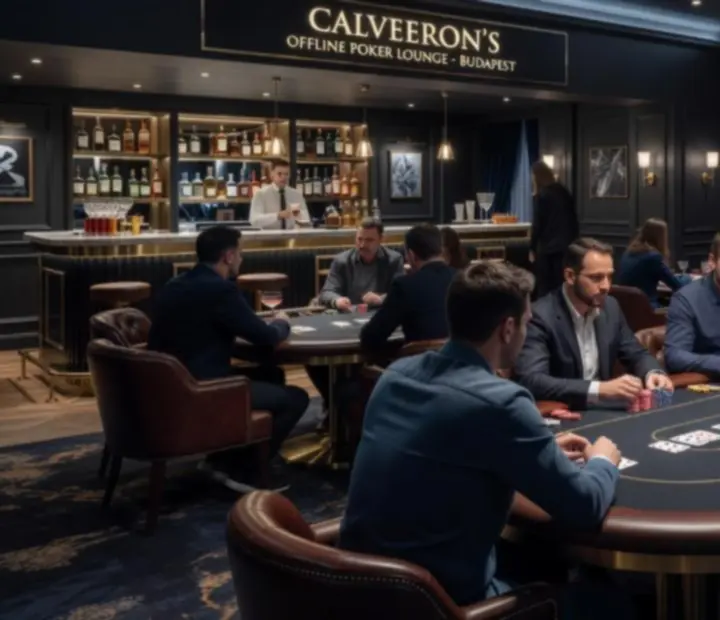 Hangulatos, sötét tónusú Calveeron poker terem bőrrel párnázott asztalokkal és koktélbárral