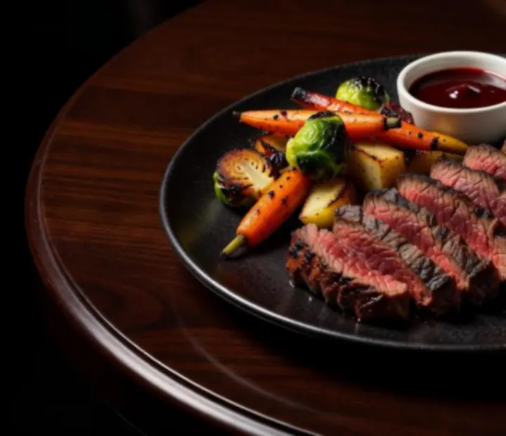 Prémium, szárazérlelt steak szeletek tálalva mélyzöld köretekkel, sötét terítéken